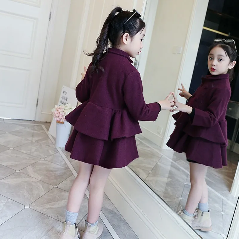 

Woolen Layered Big Girls Winter Dress Coat Thick Warm Ruffles Jackets Baby Girl Outwear Autumn Kids Tops Clothes Red Purple
