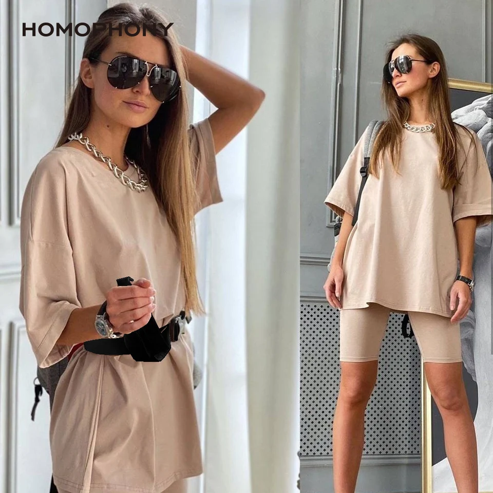 

Homophony Two Piece Set Women Fashoin Clothes For Women Tsirst Shorts Pants With Belt Casual Loose Sports Tracksuits Summer