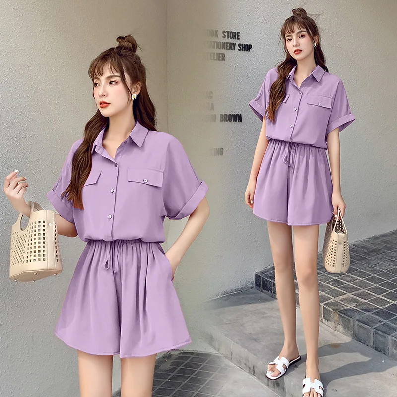 

Fashion Casual Button Two-piece Suit Female Suit High Waist Pocket Female Short Jumpsuit 2020 Summer Sweet Style Ladies Suit