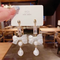 korean elegant bow imitation pearl earring rhinestone shiny earring for women fashion jewelry bride party wedding friends gifts