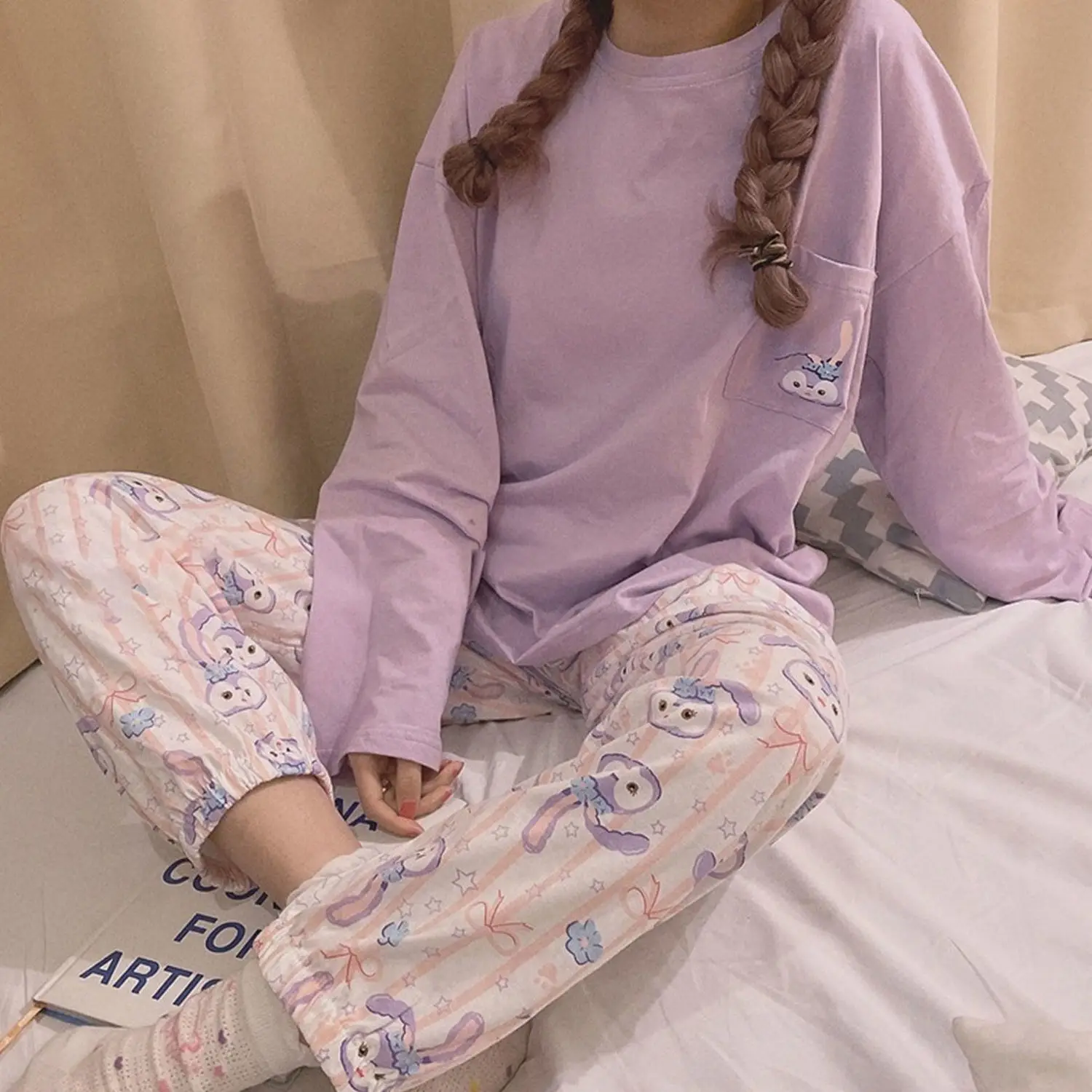 

Ladies Pajamas Sets Long Sleeve Stellalou Cute Purple 2 Piece Set Sleepwear Kawaii Disney Nightwear Trouser Suits Rabbit Cute