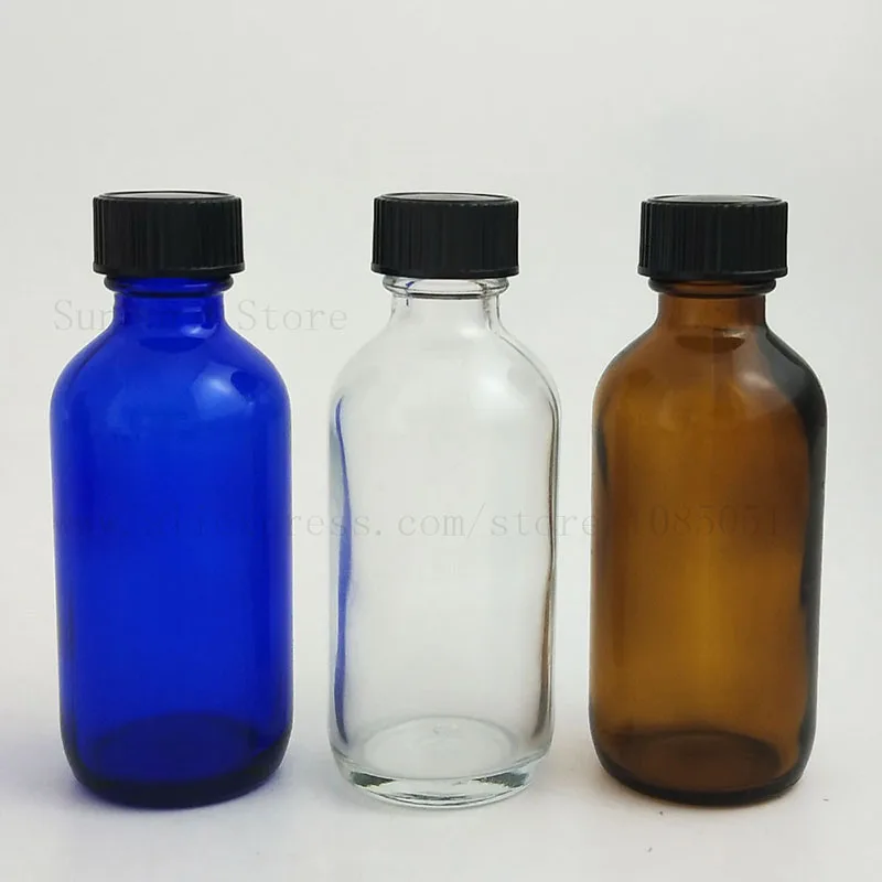 

10Pcs Cobalt Blue Clear Amber 2 Oz 60ml 60cc Boston Round Glass Bottle PolySeal Black Phenolic Cone Lined Caps