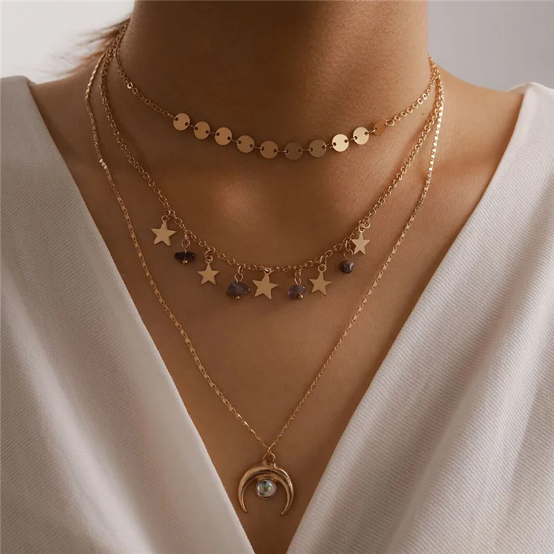 

HuaTang Boho Crystal Crescent Pendant Necklace for Women Multilayer Gold Sequin Star Clavicle Chain Choker Female Party Jewelry