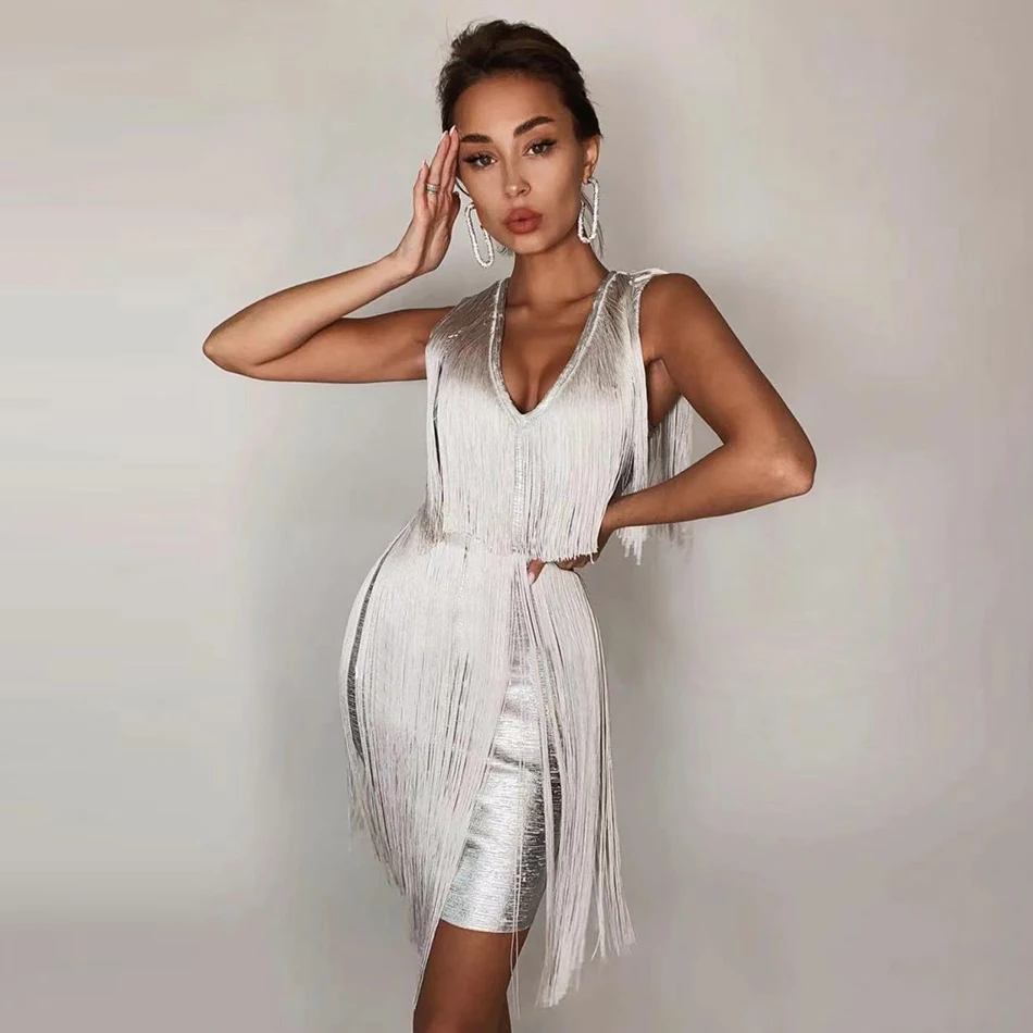

Adyce 2021 New Summer Women Silver Tassel Sleeveless Bandage Dress Sexy Deep V Neck Tank Mini Club Celebrity Runway Party Dress