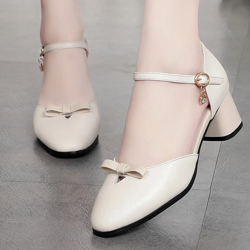 

2020 Round Head Bow Genuine Leather Sandals Summer Shoes Women Sandals Soft Sloe High Heel Sandals Woman Shoes Fashion Sandals