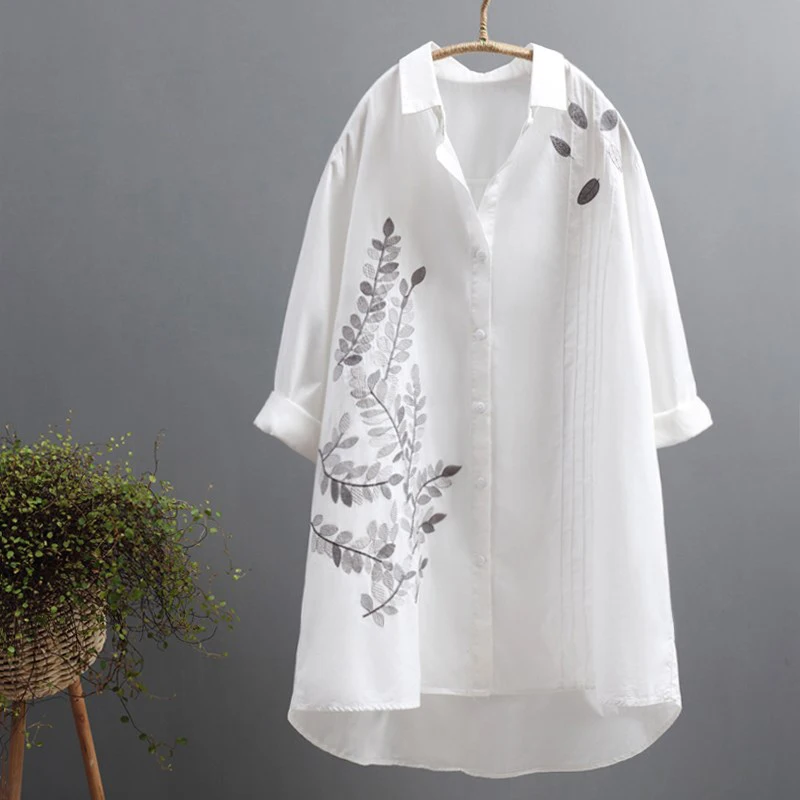 

Spring Women White Loose Shirts Long Sleeve Square Collar Embroidery Shirt Model L8501016