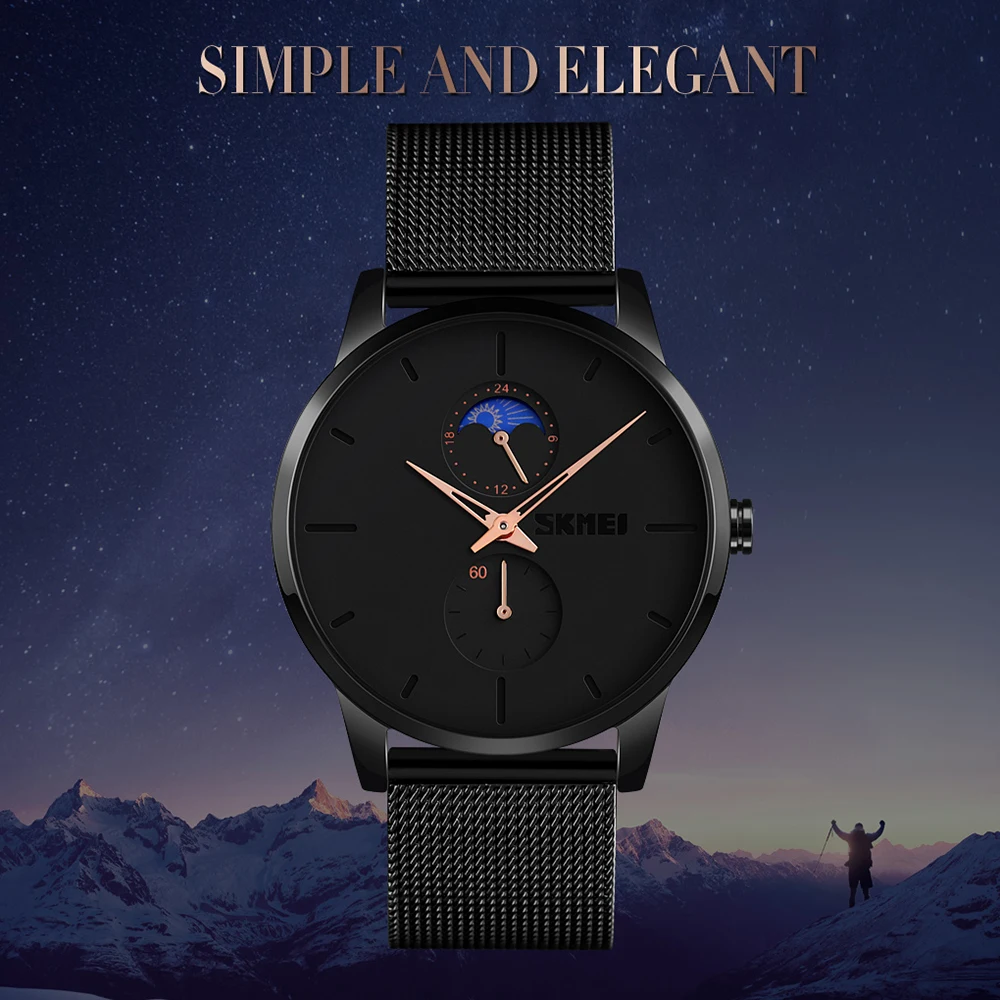 Часы мужские ультратонкие черные водонепроницаемые кварцевые современные