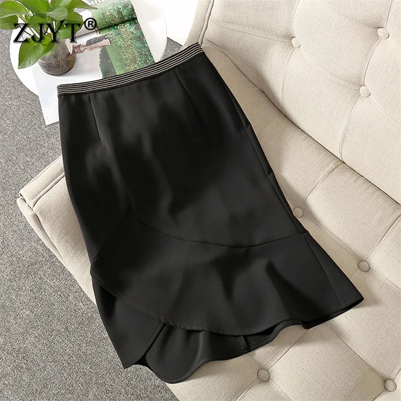 

2021 New Elegant Lady Summer Designers Beading Solid Black Trumpet Office Party Skirts Womens