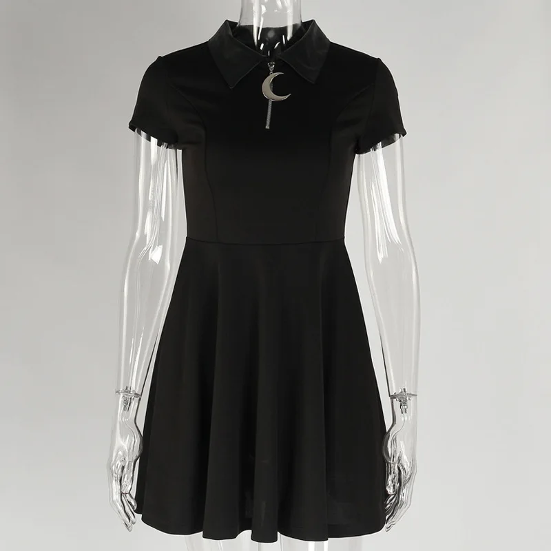 

Summer Dark Gothic Niche Dress Solid Color Crescent Zipper Lapel Shirt Collar Retro Forest Short-sleeved Skirt
