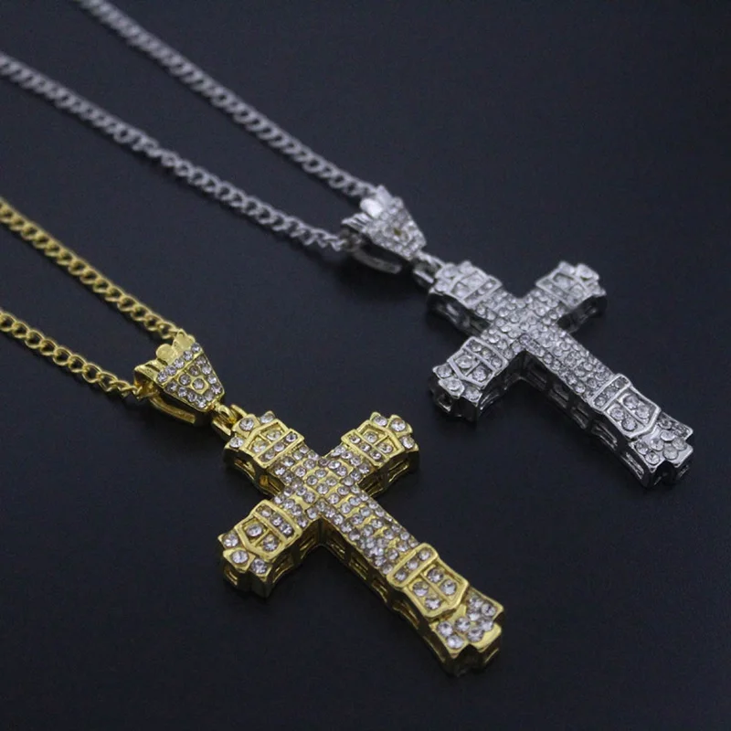 Tiny Bling Bling Rhinestone Jesus Cross Hanger Voor Mannen Verharde Kristal Goud/Zilver Kleur Ketting Met Ketting Hip Hop sieraden Tiny Bling Bling Rhinestone Jesus Cross Hanger Voor Mannen Verharde Kristal Goud/Zilver Kleur Ketting Met Ketting Hip Hop sieraden