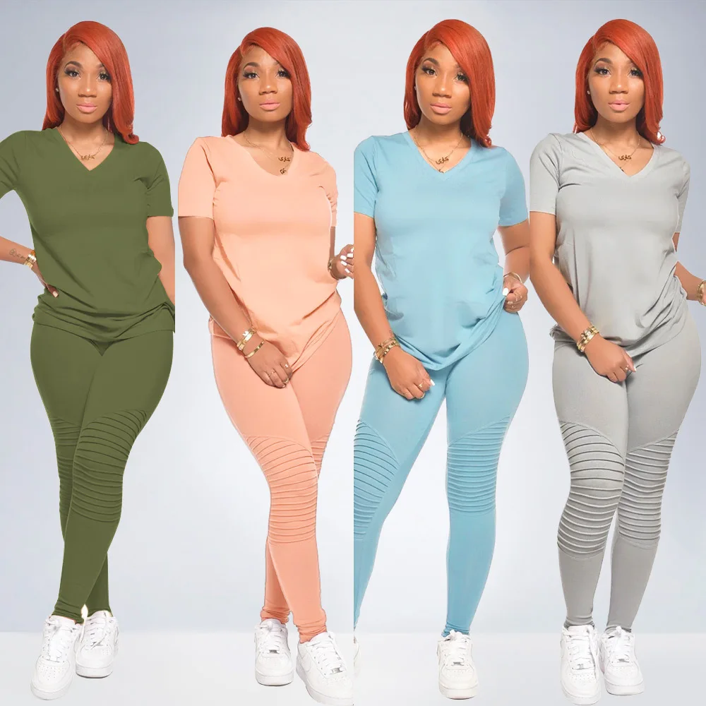 

Casual Solid Two Piece Sets Women Fashion V-Neck Short Sleeve T-Shirts High Waist Pleat Pencil Leggings Tracksuits Outfits