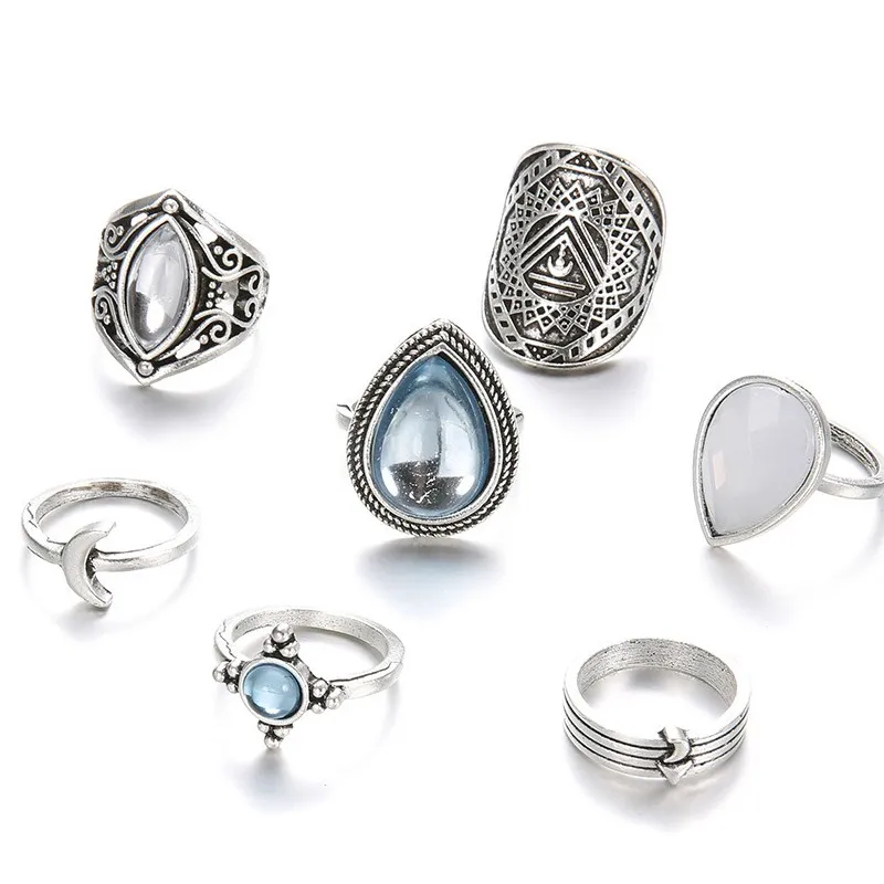 GinaDeer New Opal Ring Set Water Drop Pebble 7-piece Joint Stainless Steel Rings For Women Bagues Pour Femme | Украшения и