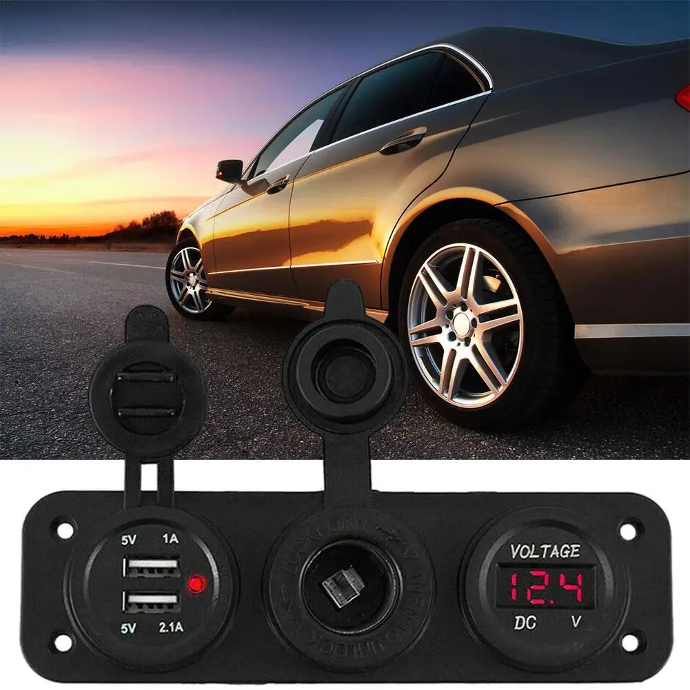

QC3.0 Dual USB Car Charger With Voltage +12V Power Socket + Small Switch Three-hole Combination Board