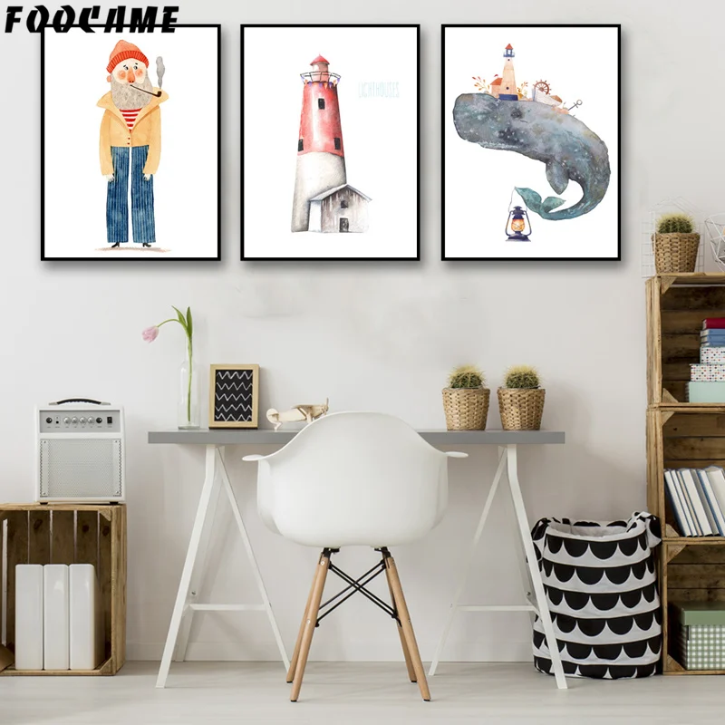 

Watercolor Painting Cartoon Clown Lighthouse Whale Poster Decoration Picture Wall Art Canvas Print Nursery Nordic Kids Baby Room