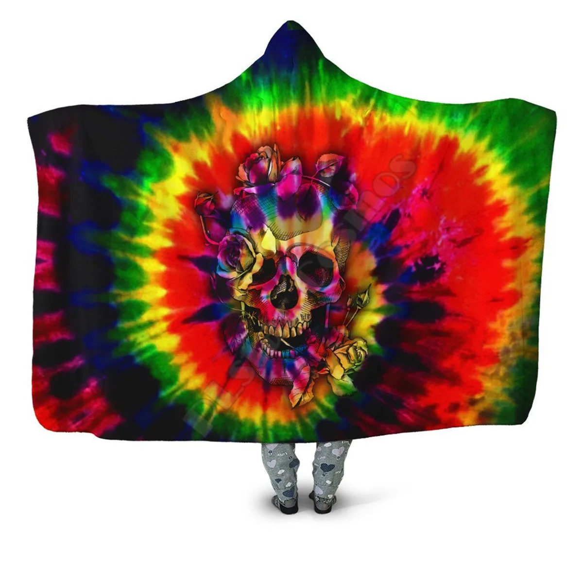 

Tie Dye Skulls Hooded Blanket Adult colorful child Sherpa Fleece Wearable Blanket Microfiber Bedding Style-14