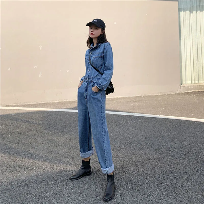 Женский джинсовый комбинезон Синий Свободный в стиле бойфренда весна 2020 |