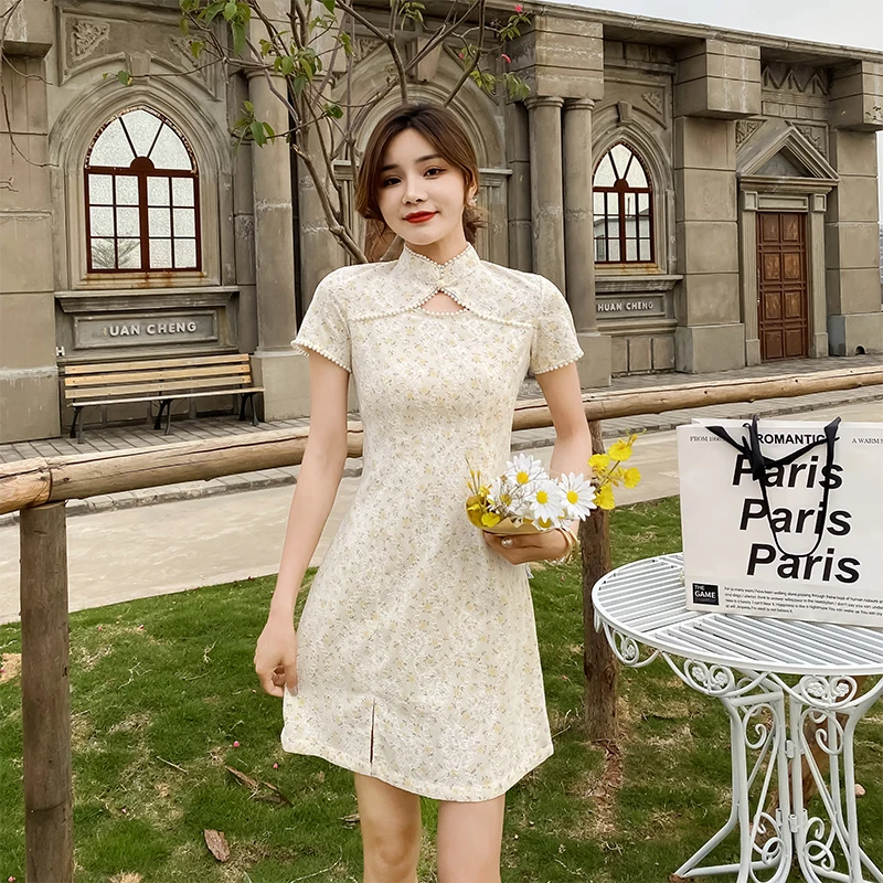 

Цветочное улучшенное платье-Ципао, женское летнее платье, маленькая французская Короткая юбка для молодых девушек, восстанавливающая древ...