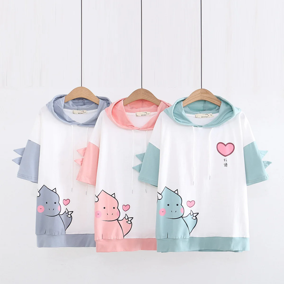 

Summer Preppy Style Sweet Hooded Women T-shirts Cartoon Dinosaur Printed Hit Color Patchwork Short-sleeved Top Tees for Student