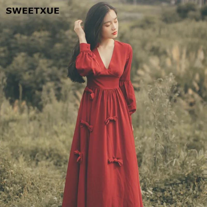 SWEETXUE сексуальное красное винтажное длинное платье с v образным вырезом высокая