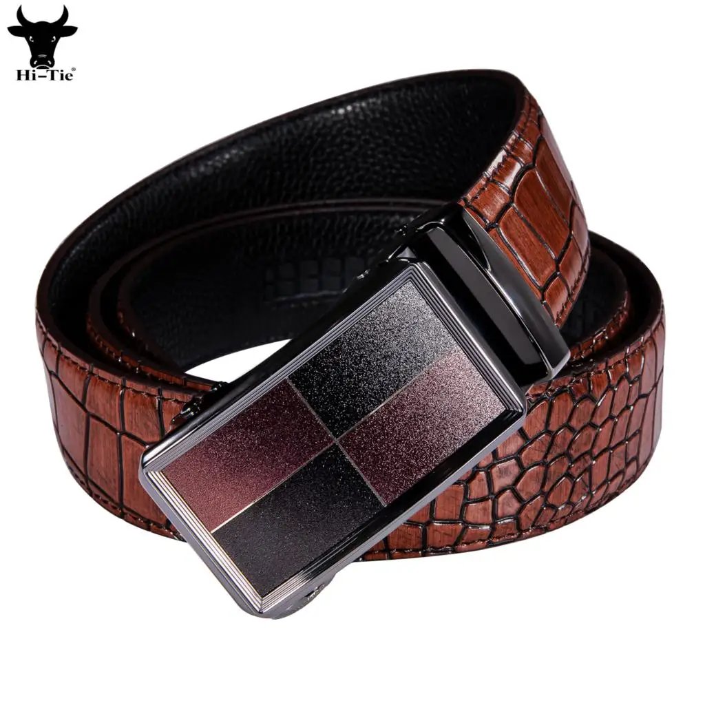 Hi-Tie Red Burgundy Mens Leather Belts Designer Automatic Buckles Ratchet Waistband Cowboy Belt for Men Jeans Dress Wedding Gift