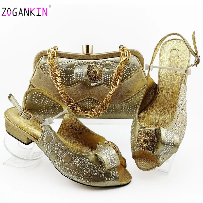 

New Arrival Mature Italian Matching Sandals and Purse Set for Wedding Woman African Shoes and Bag Set Decorated with Rhinestone
