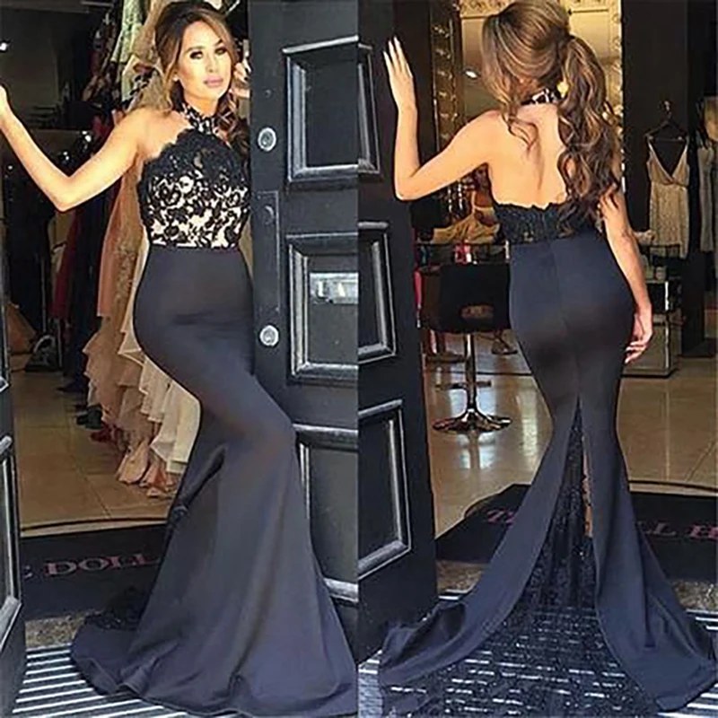 

Sexy Evening Dress Formal Gown Halter Black Applique Illusion Backless Wedding Party Guest Women Elegant Mermaid Prom Dress Long
