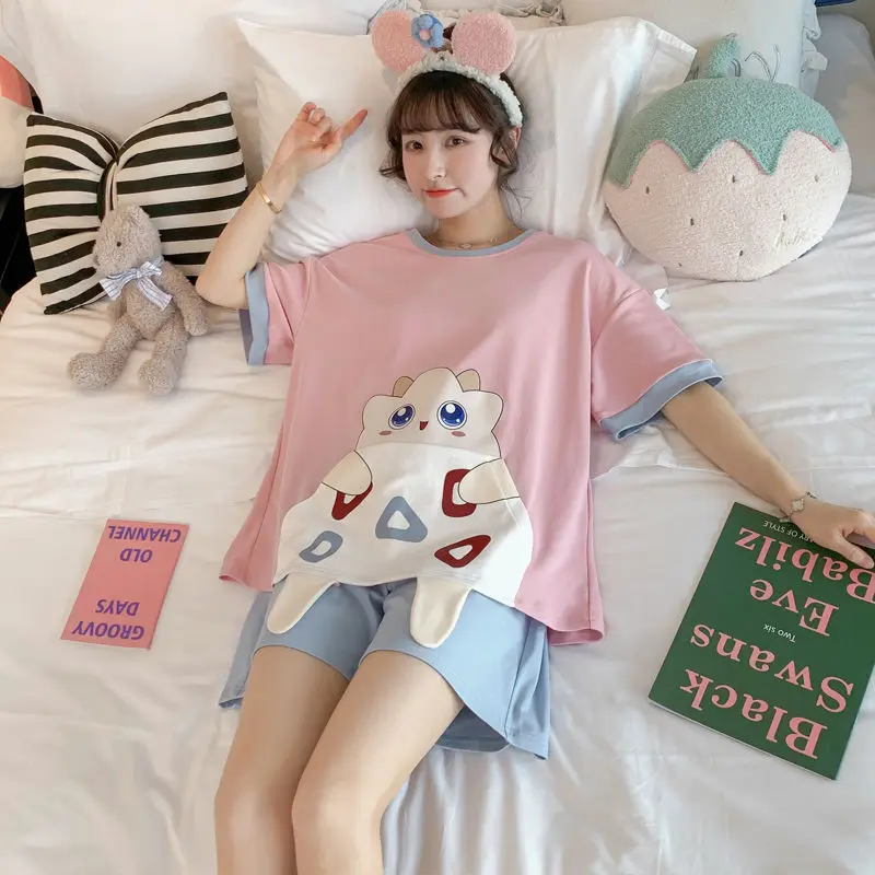 Pajamas Female Summer Thin Section Cotton Short-sleeved Students Cartoon Cute Sweet Can Wear Two-piece Home Wear Sets