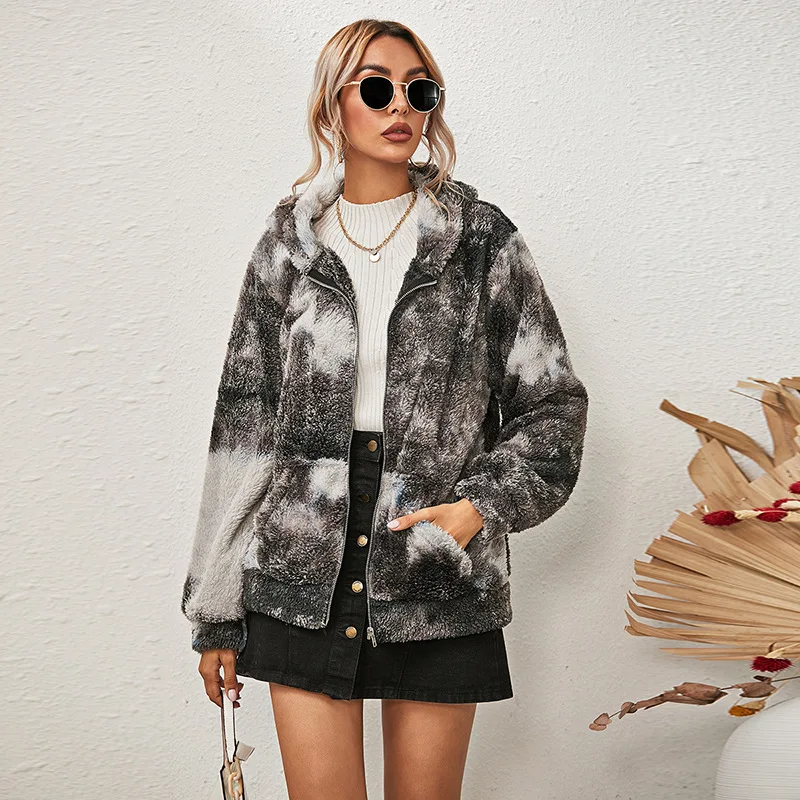 

Tie Dye Teddy Hoodie Women Long Sleeve Hooded Zipper Plush Fleece Casual Loose Coat Pocket Leisure Outwear Streetwear 2021