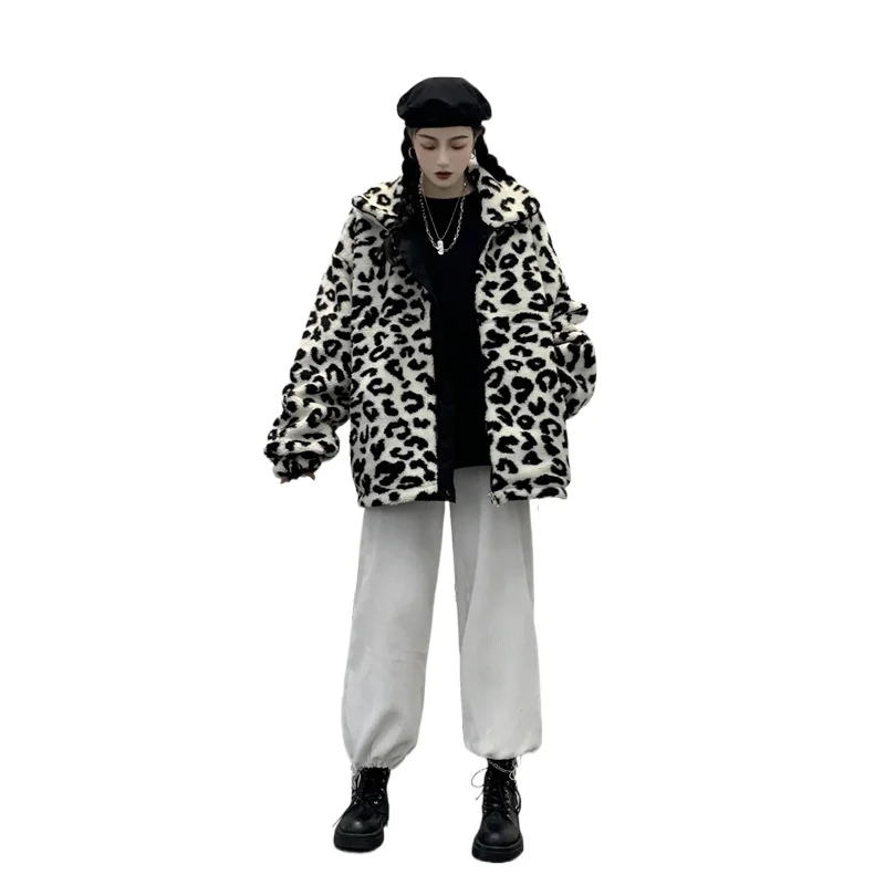 

Модная женская одежда зима 2020 Молодежная Корейская куртка с леопардовым принтом из овечьей шерсти с лацканами и длинным рукавом Двусторонн...
