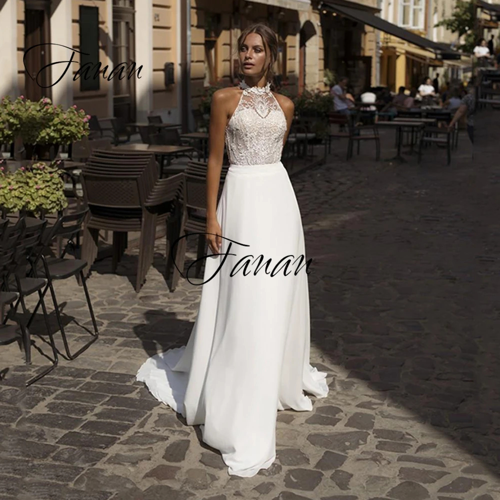 

Simple White Sexy Halter Wedding Dress High Split Chiffon Boho Beach Backless Bridal Gown robe de soirée de mariage Plus Size