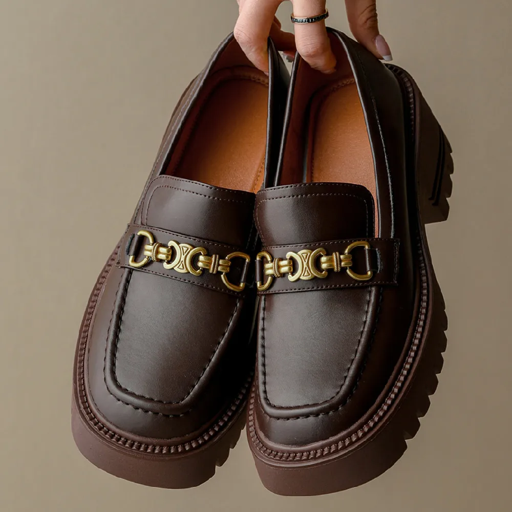 

Women's genuine leather chunky heel platform slip-on flats loafers metal ecoration casual moccasins daily female espadrilles hot
