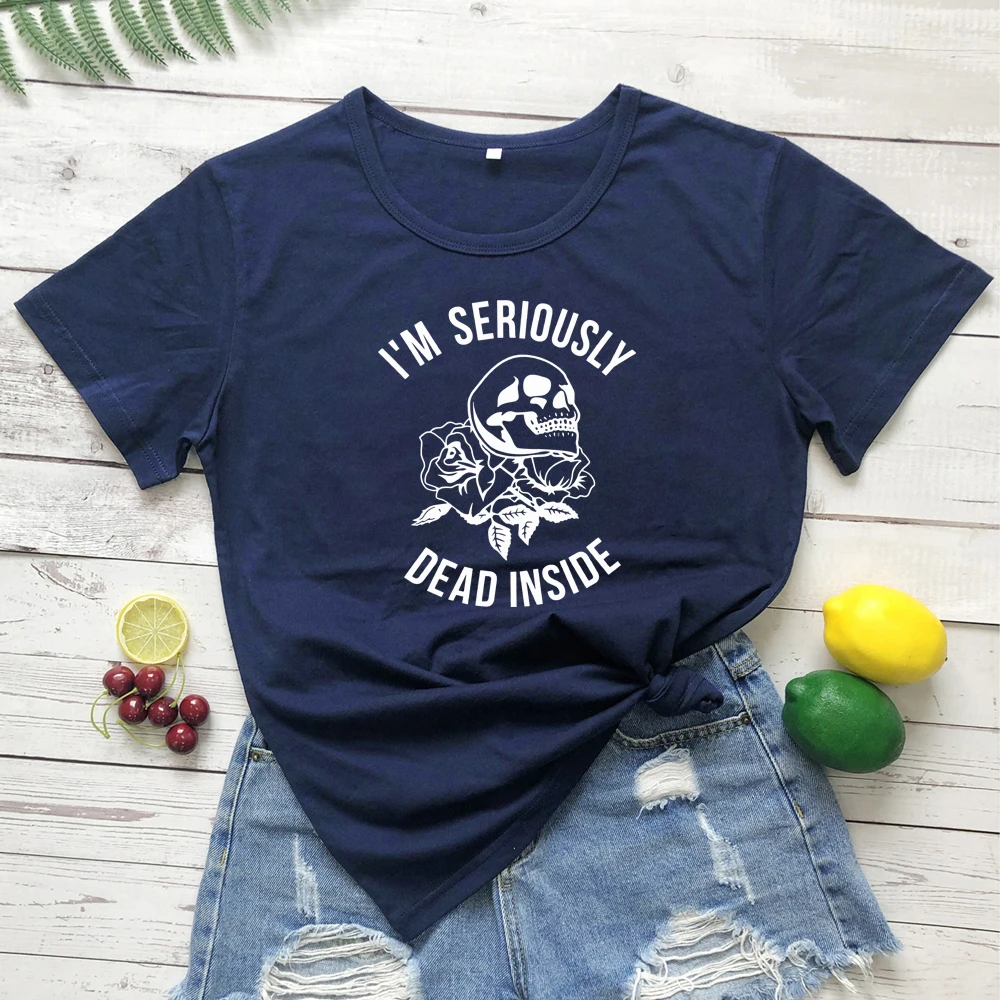 navy blue-white text Футболка с принтом «I'M Dead Inside Skull»; Летняя Повседневная футболка с короткими рукавами и принтом в виде черепа; стильная футболка в стиле Харадзюку С гранж; модные топы; Camisetas - Цвет: navy blue-white text