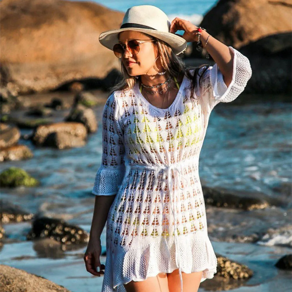 

BOKAMODA 2020 Women Spring Summer Beach Dress Sexy Crochet Transparent White Swimwear Long Sleeve Sun protection Cover Up Skirts