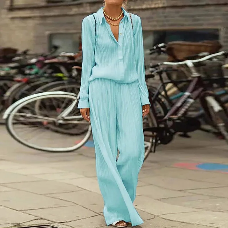 

2021 Spring Summer Loose Women Two Piece Set Casual Long Sleeve Button Tops + Long Pants Outfit Elegant Office Lady Shirt Suits
