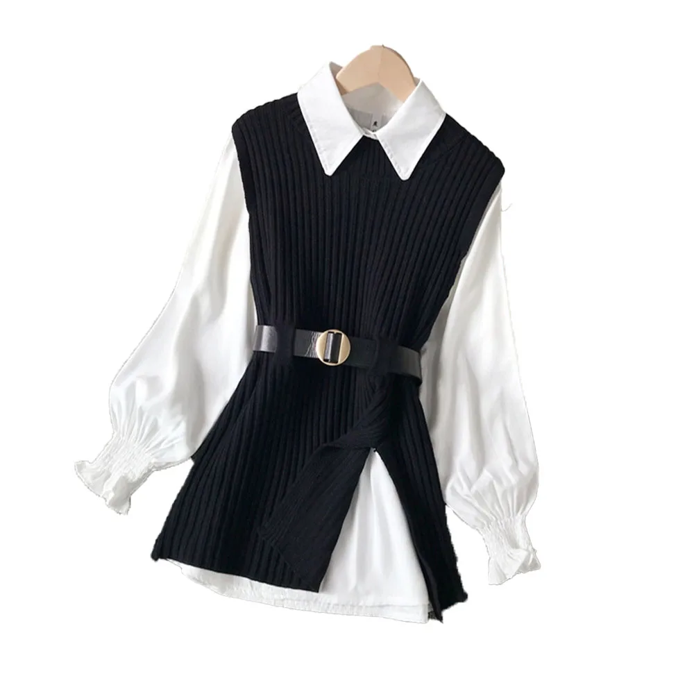 

Autumn 2021 New Solid Color Round Neck Split Fork Sweater Japanese Style Fashion Lapel Long Sleeve White Shirt Two-piece Suit