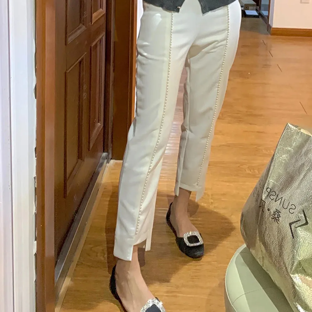 

Женские брюки с бисером, белые офисные брюки с высокой талией и широкими штанинами, Корейская версия, весна-лето 2022