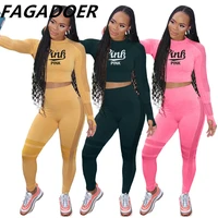fagadoer women sport two piece sets casual pink letter print crop tops and legging pants tracksuits female fitness outfits 2021