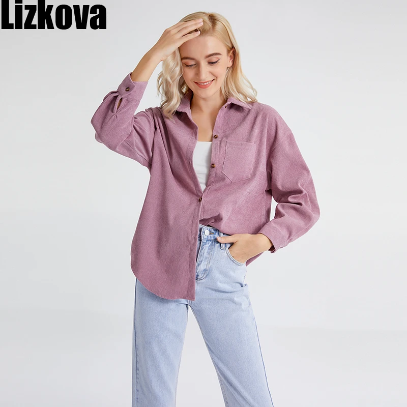 Lizkova вельветовые зеленая блузка Для женщин 2021 Винтаж рубашка с длинными рукавами