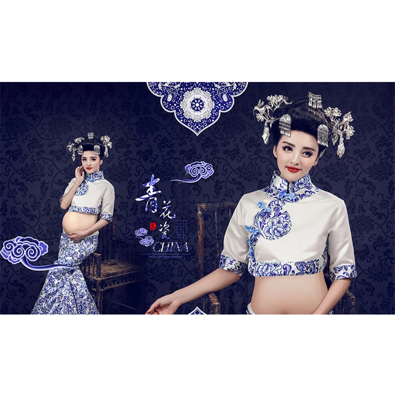 

T-Shirts+Skirt 2pcs Sets Maternity For Photo shoot Chinese Style Qipao Pregnancy For Photoshoot 2021 New Summer Cheongsam Sets