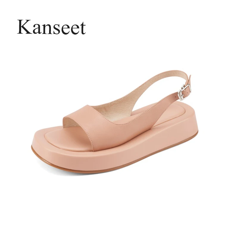 

Kanseet Flats Women Shoes 2021 Summer Concise Open-Toed Casual Genuine Leather Handmade Round Toe Comfort Flat Women Sandals