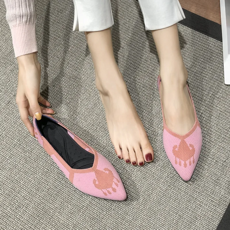 35-43 Casual Women Soft Shoes Breathable Knit Pointed Shoes Women's Flat Shoes Ballet Single Shoes Comfortable Pregnant Shoes