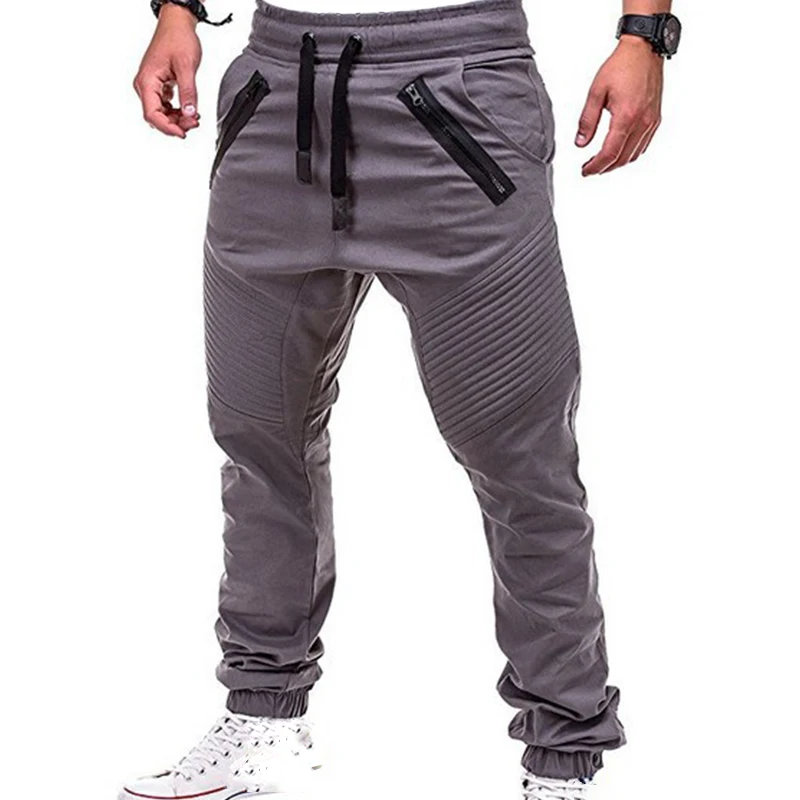 

Mans Pants Solid Pleated Sports Zipper Pocket Long Trousers Male Pants Autumn Men Clothing Casual Sports Sweatpants Ropa Hombre