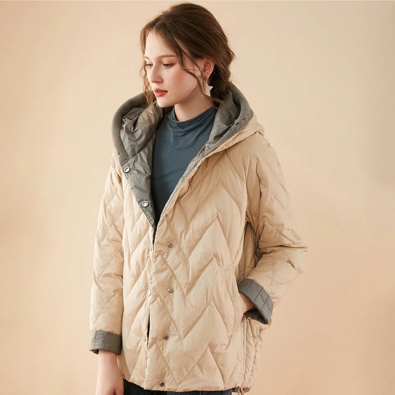 

Зимнее женское пуховое пальто ZCWXM, вязаное лоскутное пальто с капюшоном и белым утиным пухом, свободная женская верхняя одежда, короткое пух...