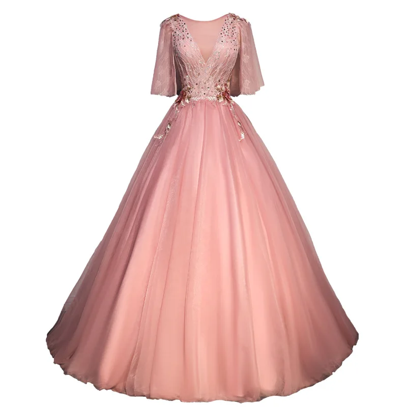 

Cheap Quinceanera Gowns Pink Half Sleeve Quinceanera Dresses Debutante vestido 15 anos Ball Gown Sweet Prom Dress Gowns