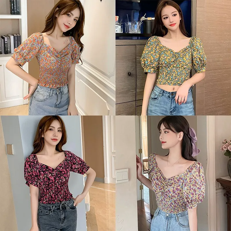 

Summer Blouse For Women Fashion Sweet Floral Print Square Collar Top Sexy Puff Sleeve Chiffon Shirt Blouses