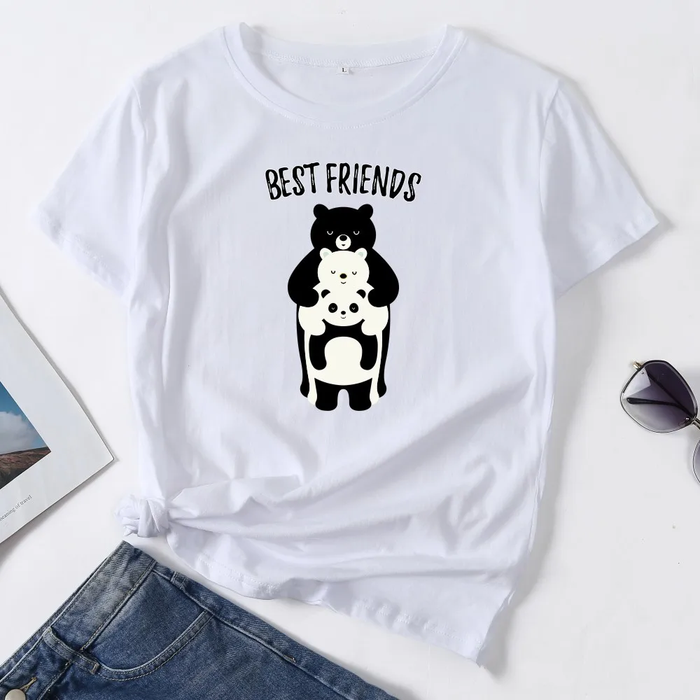 

Летняя Хлопковая женская футболка с рисунком медведя из мультфильма, футболка с рисунком лучшего друга, женская футболка с круглым вырезом ...