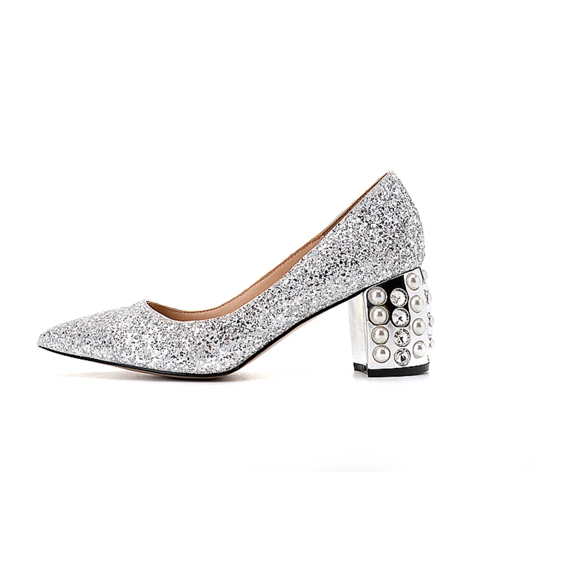 

Pumps Women Wedding Shoes Glitter Sexy High Heels Pearl 7cm Block Heel Crystal Fashion Bride Shoes Silver Ladies Spring Shoes