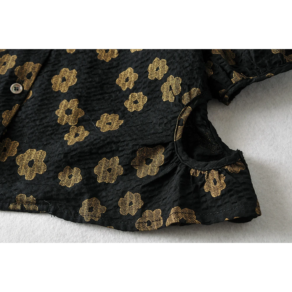 

Summer Floral Blouse Women Vintage Short Sleeve Shirt Elegant Notched Shirt Black Single Breasted Top Casual Blouse Hollow Out