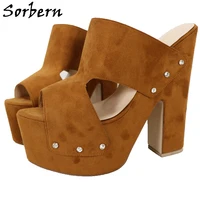 sorbern tan faux suede women slippers summer style open toe chic lady slidesstud details extra high heel block heel platform