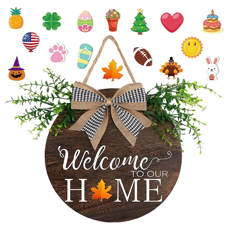 

Interchangeable Seasonal Welcome Sign Front Door Decor Wood with Buffalo Plaid Bow for Housewarming Gifts Fall Halloween